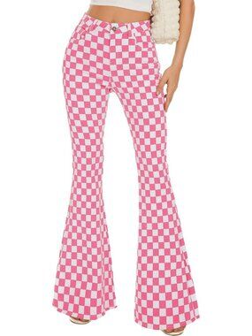 High-Waisted Plaid Bell Bottom Jeans for Women | Stretchy Flare Denim Pants
